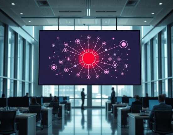 Interior of a financial regulatory office with a digital screen showing a DeFi network diagram highlighting a central node.