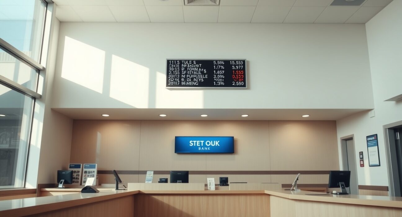 Interior of a modern FB Financial bank branch with a digital stock ticker displaying financial data.