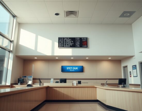 Interior of a modern FB Financial bank branch with a digital stock ticker displaying financial data.