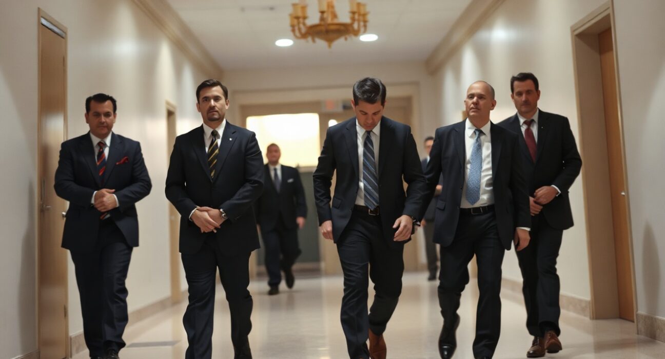 FBI agents escorting handcuffed individuals in a government building hallway.