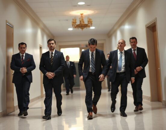 FBI agents escorting handcuffed individuals in a government building hallway.