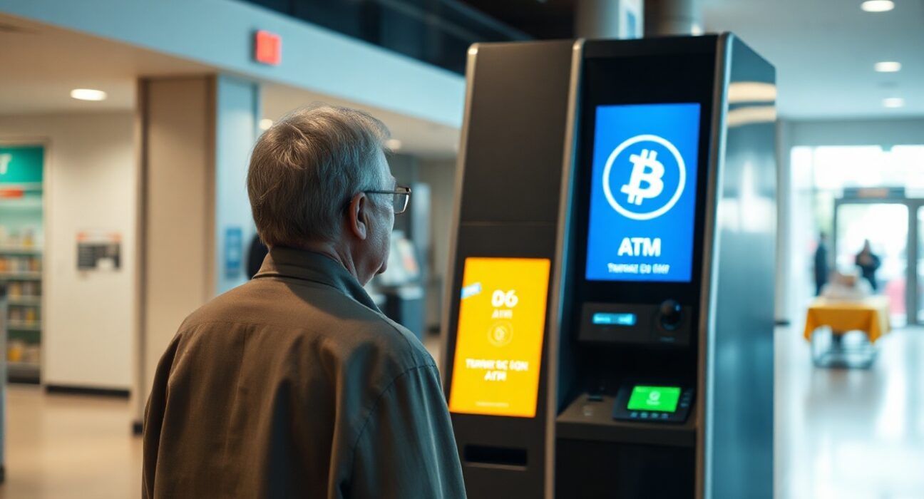 Elderly person using a Bitcoin ATM in a public setting, illustrating crypto ATM fraud risks.