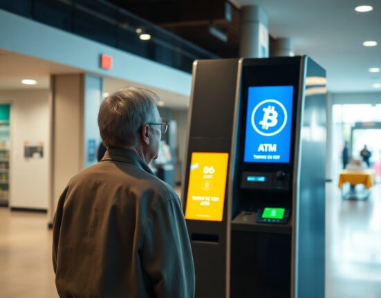 Elderly person using a Bitcoin ATM in a public setting, illustrating crypto ATM fraud risks.