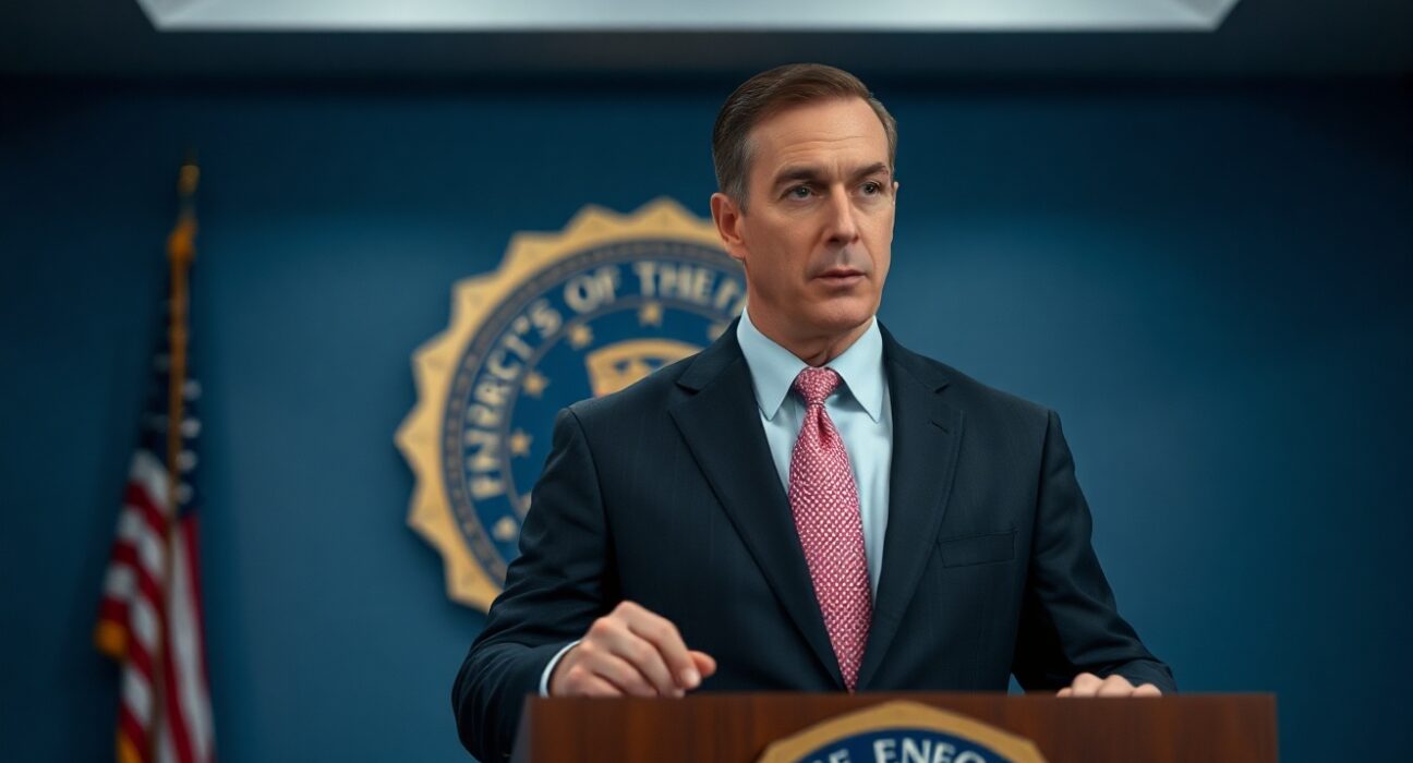 FBI Director Kash Patel at a press podium with a serious expression, signaling a crackdown on crypto fraud.