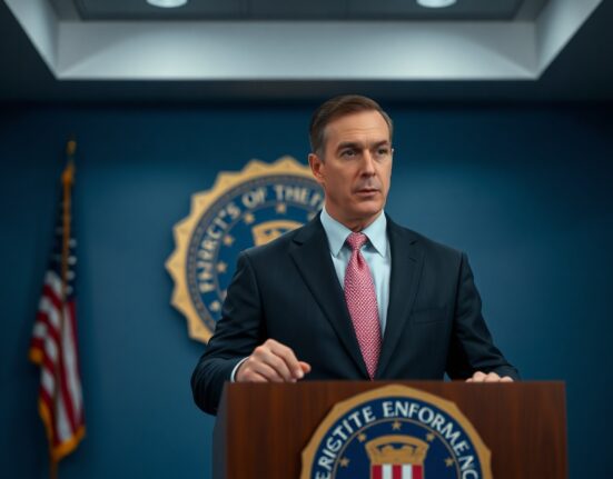 FBI Director Kash Patel at a press podium with a serious expression, signaling a crackdown on crypto fraud.