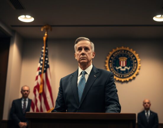 FBI Director Kash Patel at a press podium with American flag and FBI seal in background