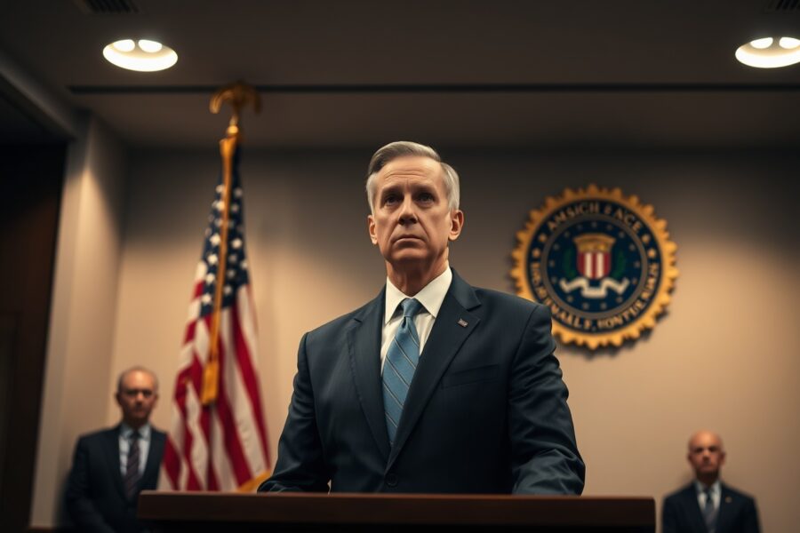 FBI Director Kash Patel at a press podium with American flag and FBI seal in background
