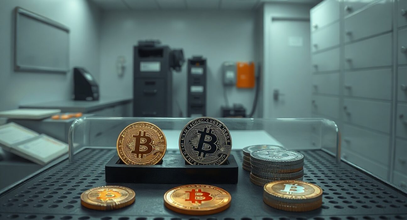 FBI evidence room with seized Bitcoin and Tether coins under fluorescent lighting