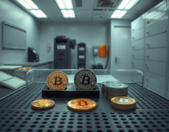 FBI evidence room with seized Bitcoin and Tether coins under fluorescent lighting