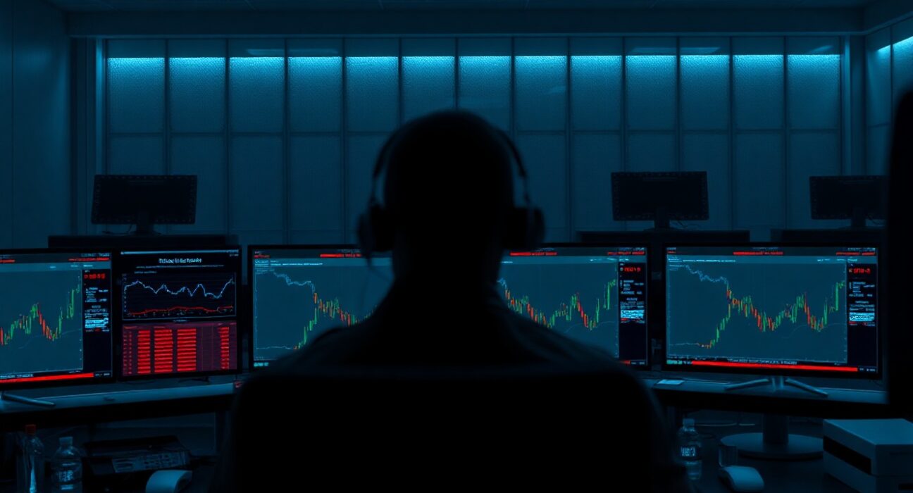 FBI agents analyzing cryptocurrency transactions on monitors in a dimly lit operations center.