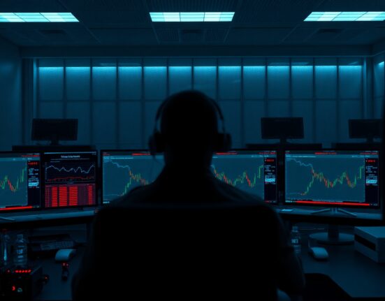 FBI agents analyzing cryptocurrency transactions on monitors in a dimly lit operations center.