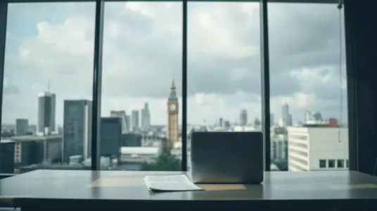 Empty office desk with documents and London skyline through window, symbolizing FCA regulatory office