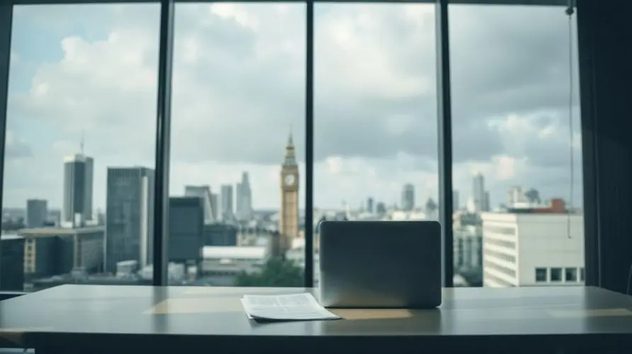 Empty office desk with documents and London skyline through window, symbolizing FCA regulatory office