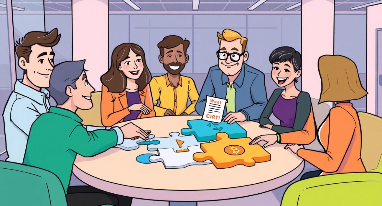 Cartoon of diverse professionals giving crypto industry feedback to build a better investment framework.