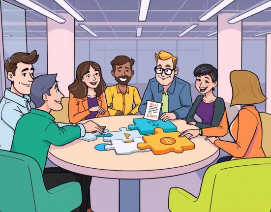 Cartoon of diverse professionals giving crypto industry feedback to build a better investment framework.
