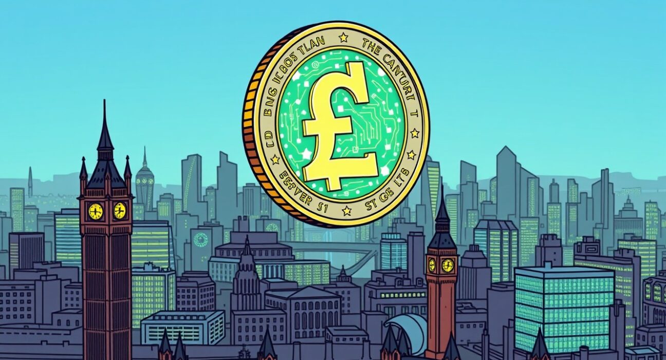 Illustration of a digital pound stablecoin as a key priority for UK financial regulation.