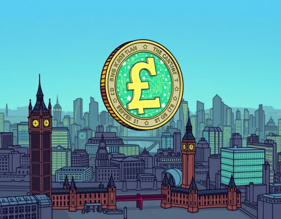 Illustration of a digital pound stablecoin as a key priority for UK financial regulation.