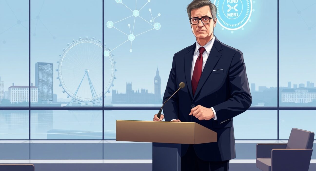 UK FCA tokenized funds regulation: a regulator at a podium with a holographic blockchain network representing public blockchain fund shares.
