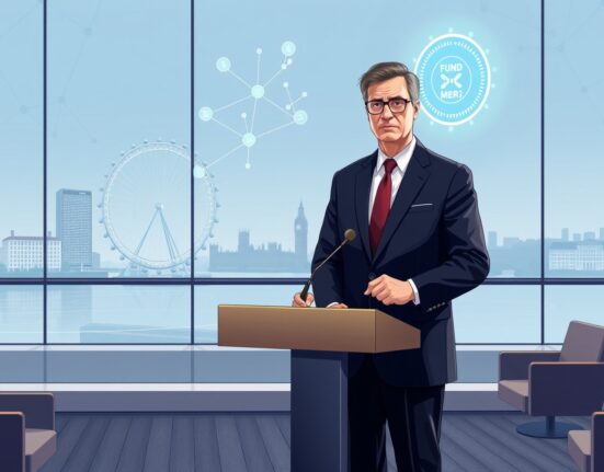 UK FCA tokenized funds regulation: a regulator at a podium with a holographic blockchain network representing public blockchain fund shares.