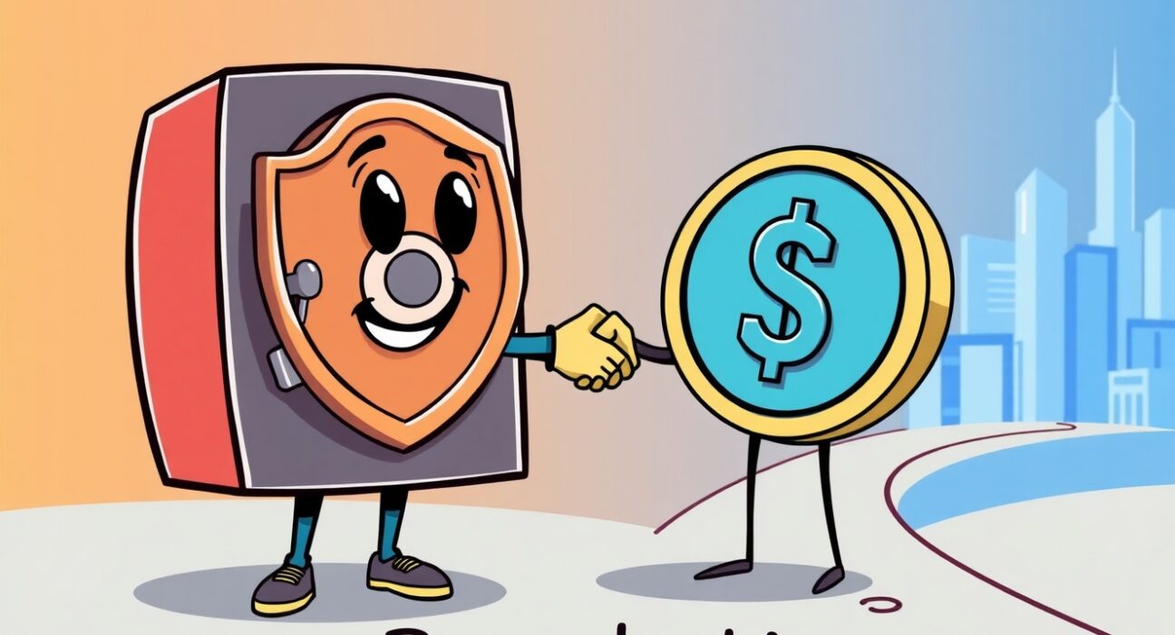 A cartoon illustration symbolizing the new stablecoin rules, showing regulation protecting the digital currency ecosystem.