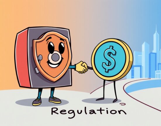 A cartoon illustration symbolizing the new stablecoin rules, showing regulation protecting the digital currency ecosystem.