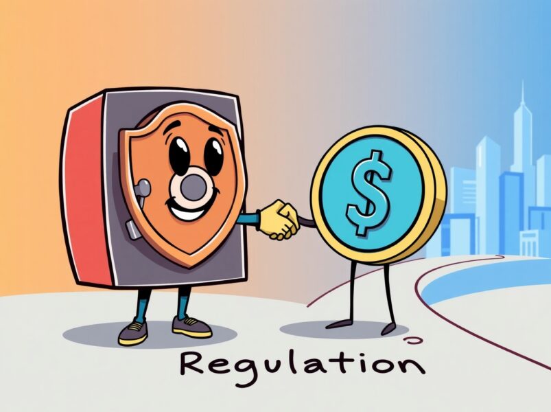 A cartoon illustration symbolizing the new stablecoin rules, showing regulation protecting the digital currency ecosystem.