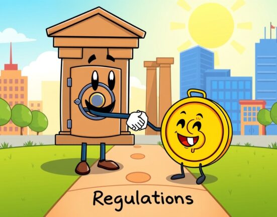 Cartoon of a bank and a stablecoin shaking hands under new stablecoin regulations.