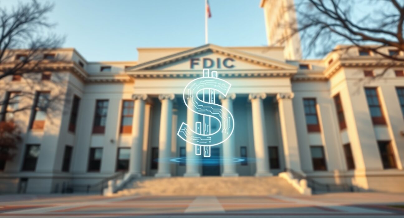 FDIC headquarters with a digital stablecoin symbol representing new proposed regulations for cryptocurrency issuers.