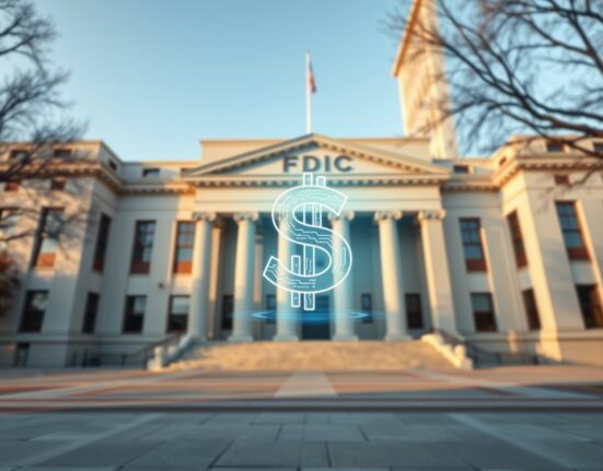 FDIC headquarters with a digital stablecoin symbol representing new proposed regulations for cryptocurrency issuers.