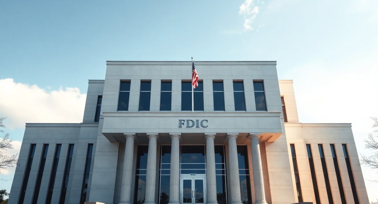 Exterior of the FDIC headquarters building in Washington D.C. under daylight.