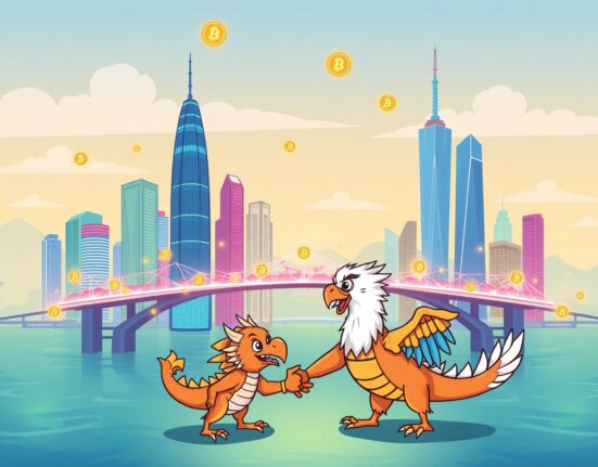 Strategic merger illustration showing FDUSD stablecoin issuer bridging Hong Kong and US financial markets through a SPAC deal.