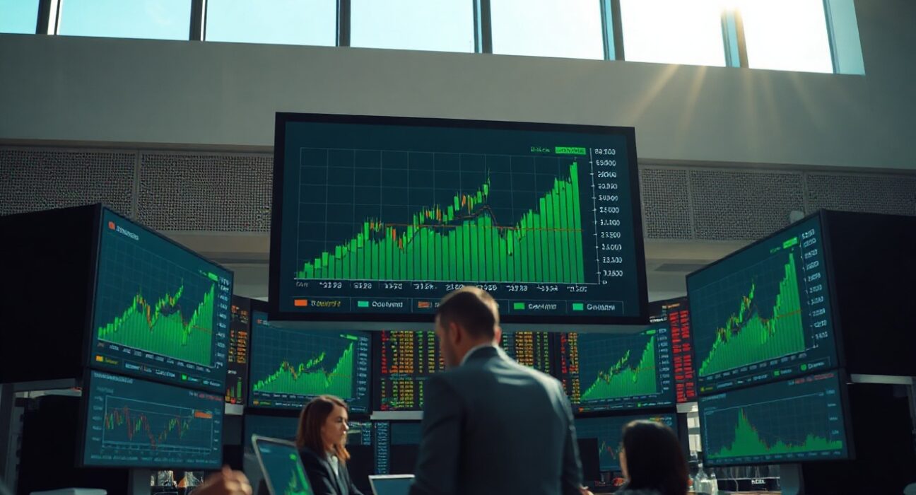 Trading screens showing rising charts as market fear declines across asset classes