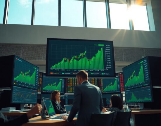 Trading screens showing rising charts as market fear declines across asset classes