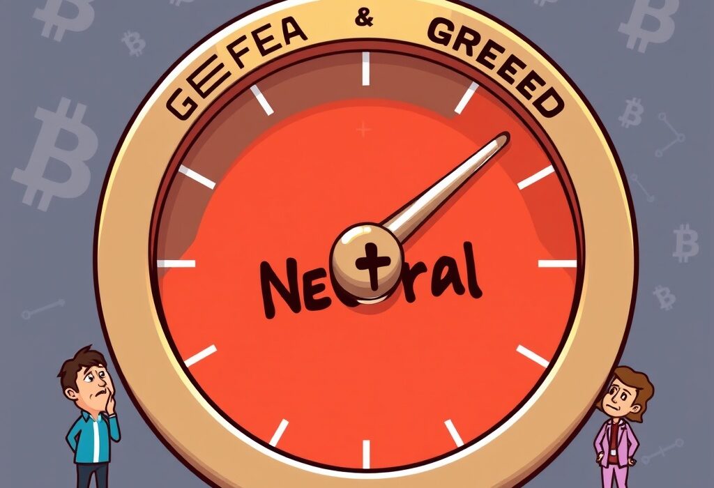A cartoon dial of the Crypto Fear & Greed Index pointing to 'Neutral,' reflecting balanced crypto market sentiment among investors.