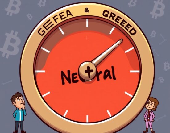 A cartoon dial of the Crypto Fear & Greed Index pointing to 'Neutral,' reflecting balanced crypto market sentiment among investors.