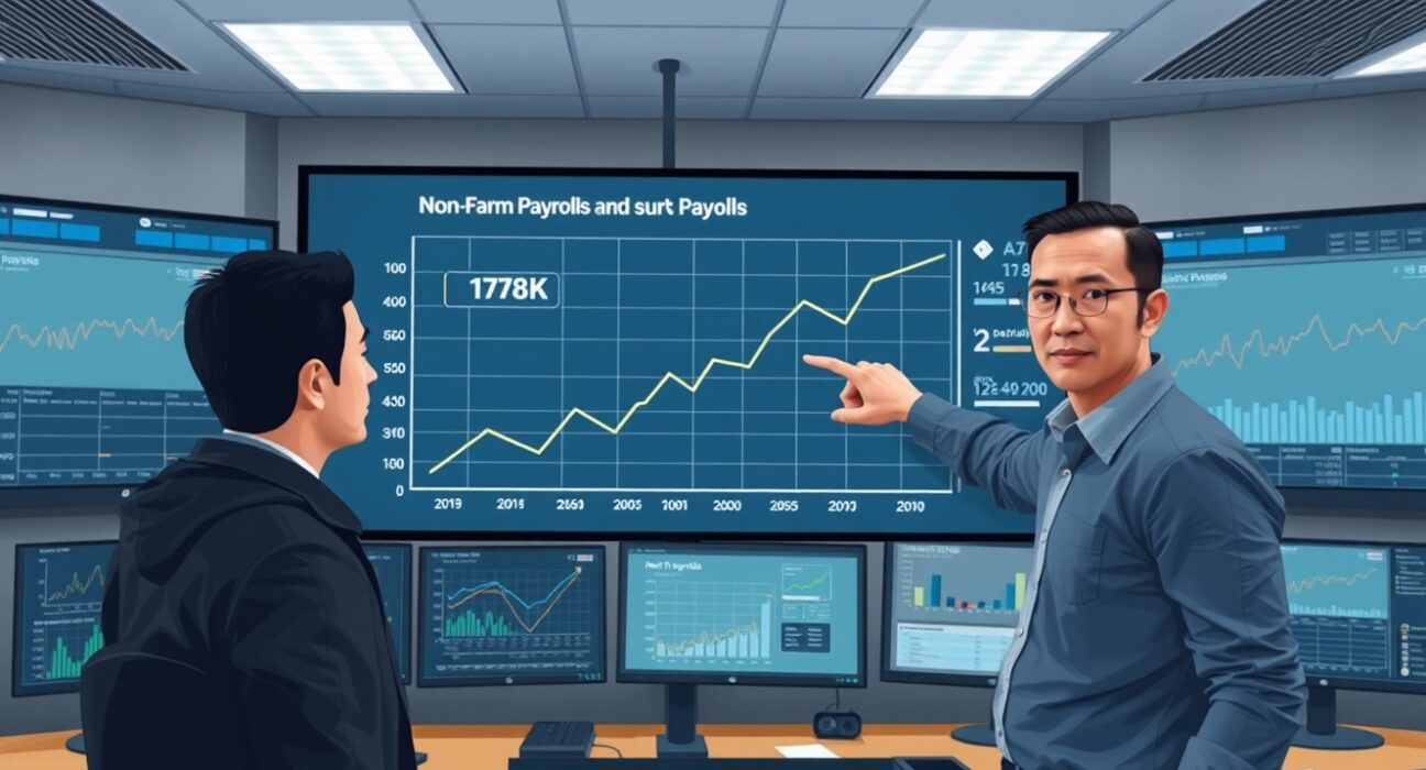 Analyst reviews US non-farm payrolls data showing a significant February jobs increase on a digital screen.