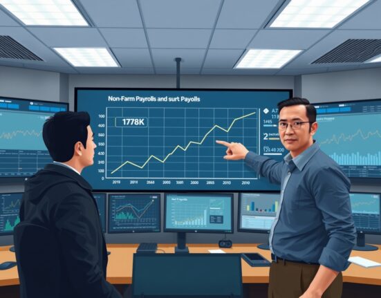 Analyst reviews US non-farm payrolls data showing a significant February jobs increase on a digital screen.