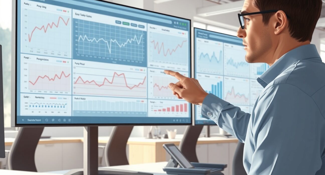 Analyst reviewing US Nonfarm Payrolls data and employment trend charts in a professional setting.