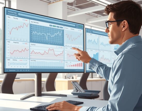 Analyst reviewing US Nonfarm Payrolls data and employment trend charts in a professional setting.