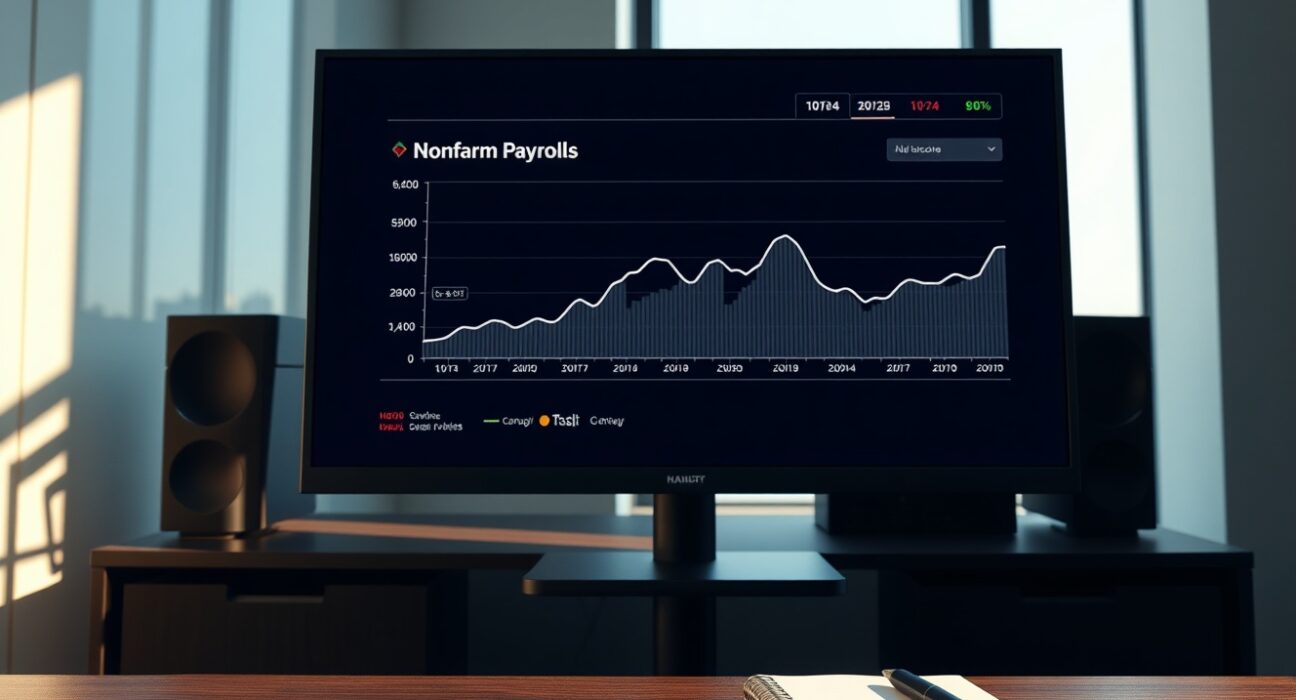 Analysis of the February US Nonfarm Payrolls report showing moderated hiring trends on a financial data dashboard.