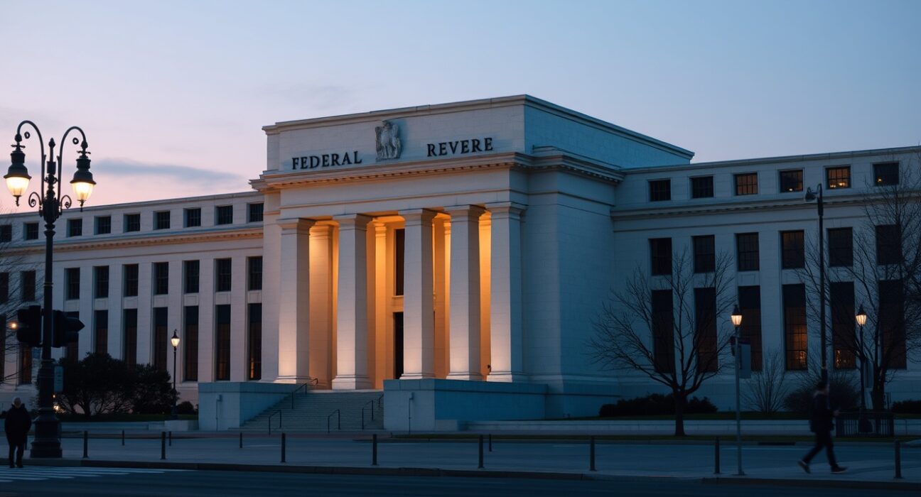 The Federal Reserve building representing steady interest rate policy and monetary authority.
