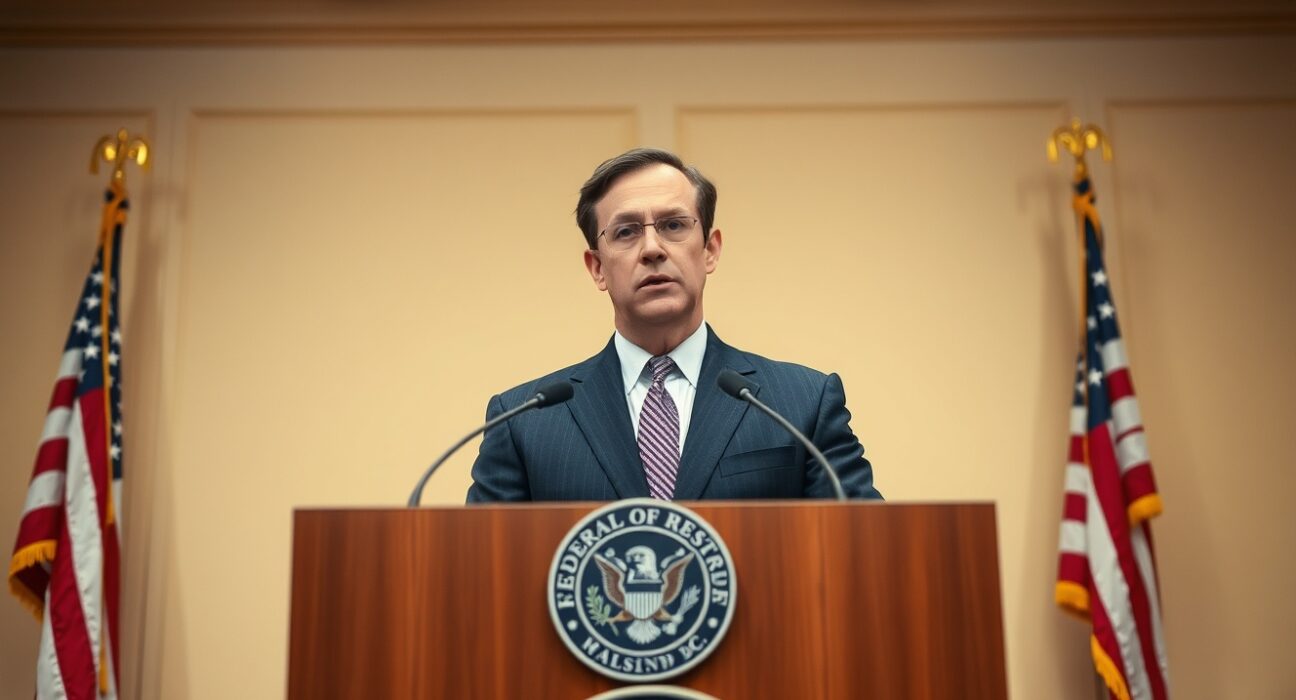 Federal Reserve Vice Chair Michael Barr speaking at a press conference with Fed seal and American flags in background