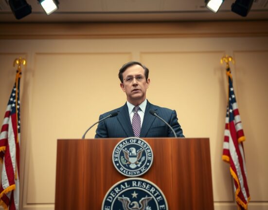 Federal Reserve Vice Chair Michael Barr speaking at a press conference with Fed seal and American flags in background