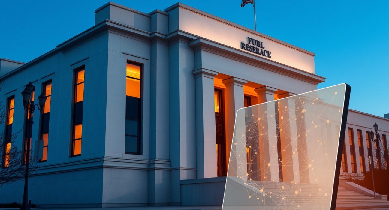 Federal Reserve building with cryptocurrency blockchain visualization representing the upcoming Basel III risk weight proposal.