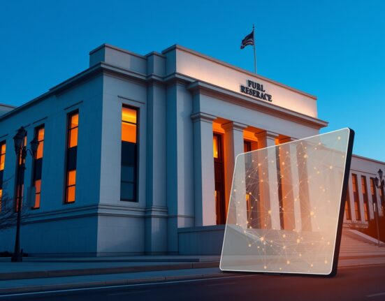 Federal Reserve building with cryptocurrency blockchain visualization representing the upcoming Basel III risk weight proposal.