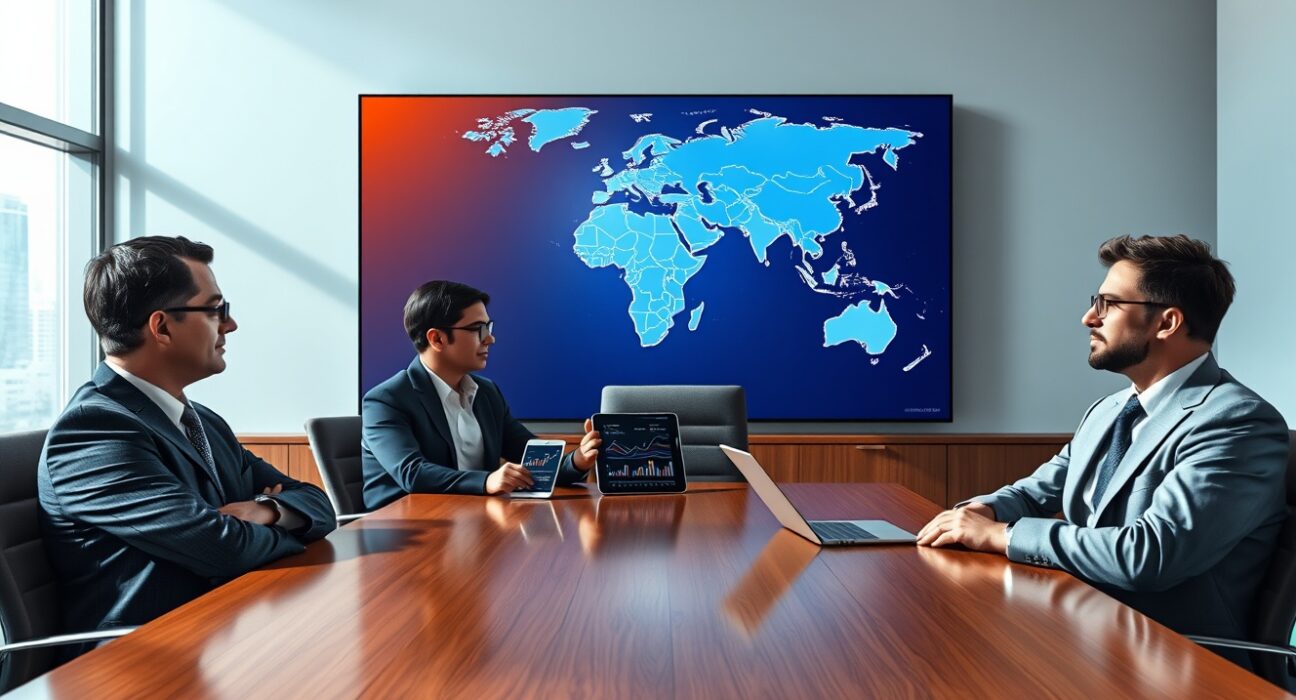 Business executives analyzing Middle East conflict impact on US economic decisions in Fed Beige Book report