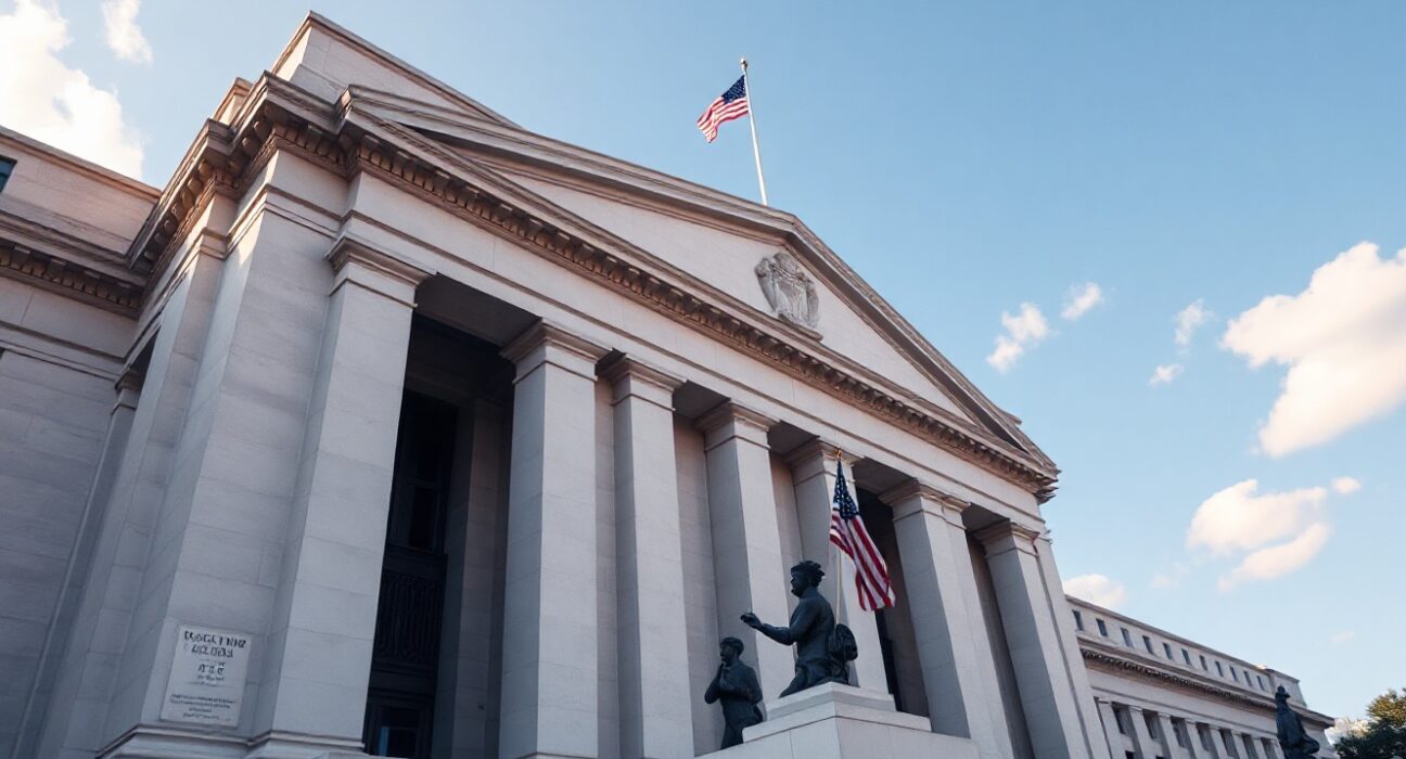 Federal Reserve building in Washington, D.C. on a clear day, representing central bank economic reporting.