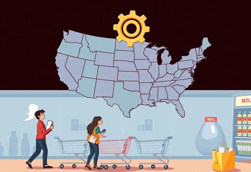 A cartoon illustration showing a map of the US with economic indicators suggesting little change, reflecting the findings of the Fed Beige Book.