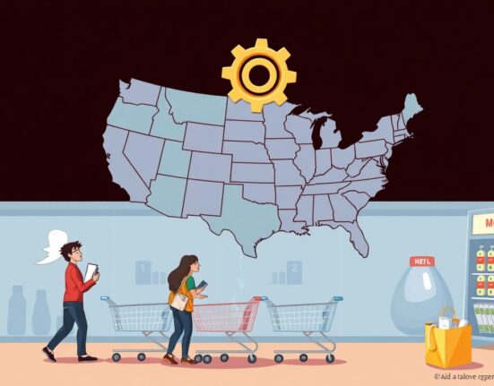 A cartoon illustration showing a map of the US with economic indicators suggesting little change, reflecting the findings of the Fed Beige Book.