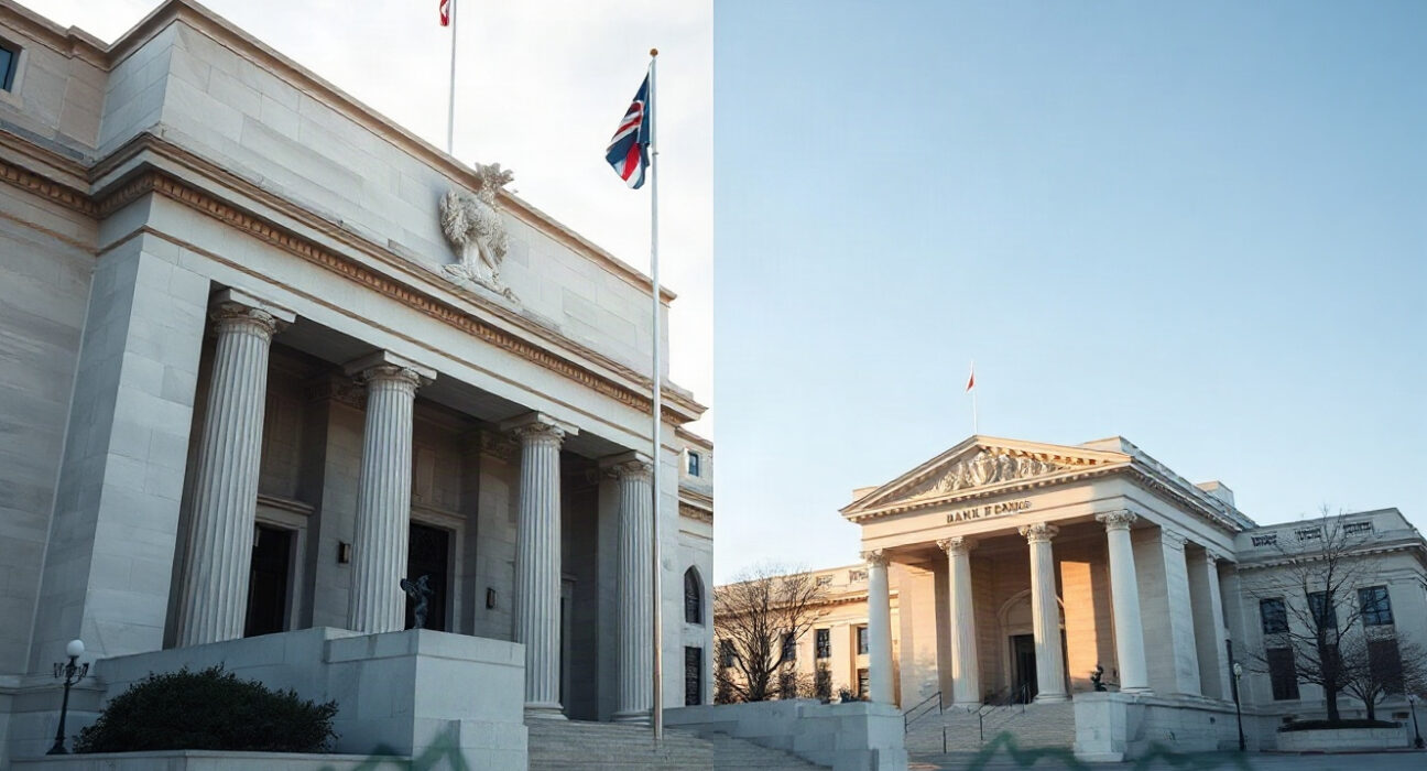 Federal Reserve and Bank of Japan buildings representing monetary policy divergence affecting the yen